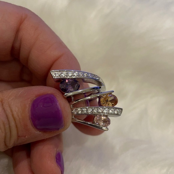 Sterling Silver Ring, purple pink  AAA CZ  faceted Stones, unique statement ring - Picture 11 of 11